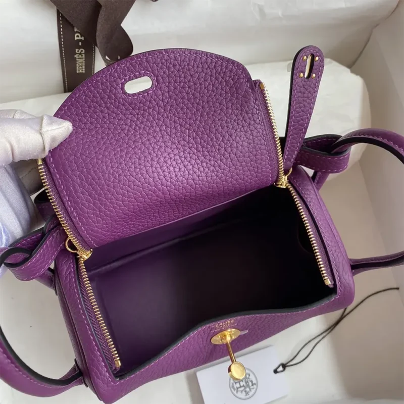 Hermes Women Lindy Mini 19 in Clemence Leather-Purple/Gold