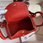 Hermes Women Lindy Mini 19 in Clemence Leather-Red/Gold