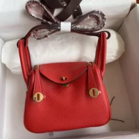Hermes Women Lindy Mini 19 in Clemence Leather-RedGold (1)