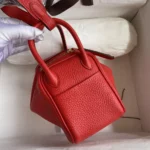 Hermes Women Lindy Mini 19 in Clemence Leather-Red/Gold