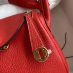 Hermes Women Lindy Mini 19 in Clemence Leather-Red/Gold