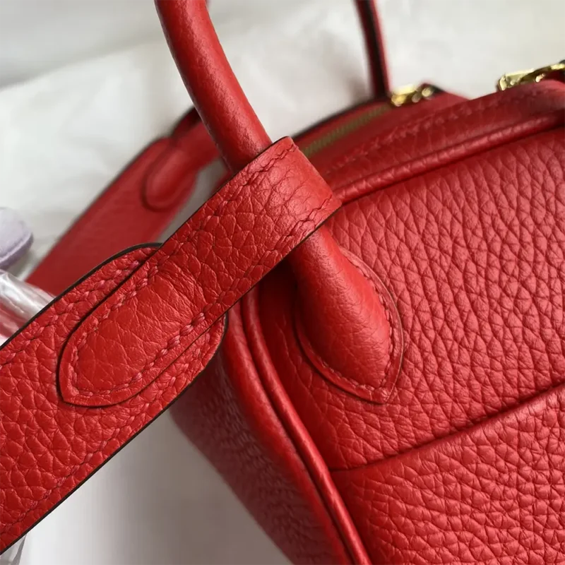 Hermes Women Lindy Mini 19 in Clemence Leather-Red/Gold