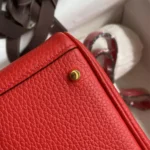 Hermes Women Lindy Mini 19 in Clemence Leather-Red/Gold