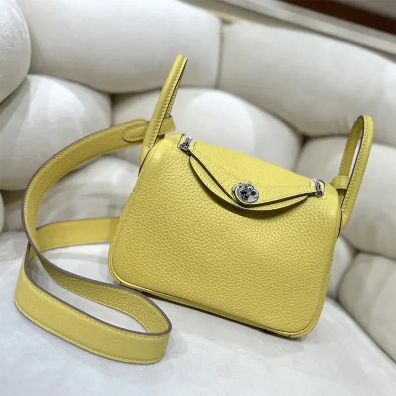 Hermes Women Lindy Mini 19 in Clemence Leather-Yellow/Silver