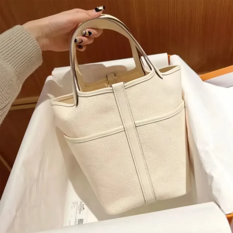 Hermes Women Picotin Lock 18 Pockets in Goeran Canvas Leather-White