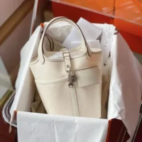 Hermes Women Picotin Lock 18 Pockets in Goeran Canvas Leather-White