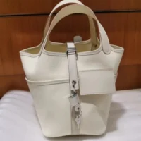 Hermes Women Picotin Lock 18 Pockets in Goeran Canvas Leather-White