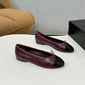 Chanel Women Ballet Flats Patent Calfskin-Maroon/Black