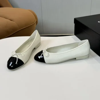 Chanel Women Ballet Flats Patent Calfskin-White/Black