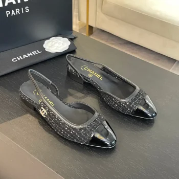 Chanel Women Ballet Flats Tweed Grosgrain-Black