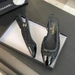 Ballerine Chanel da donna in tweed grosgrain-nero