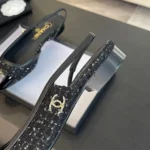 Ballerine Chanel da donna in tweed grosgrain-nero