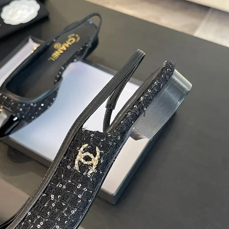 Ballerine Chanel da donna in tweed grosgrain-nero