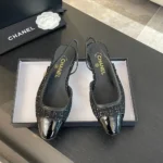 Ballerine Chanel da donna in tweed grosgrain-nero