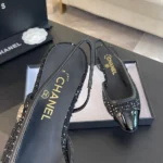 Ballerine Chanel da donna in tweed grosgrain-nero