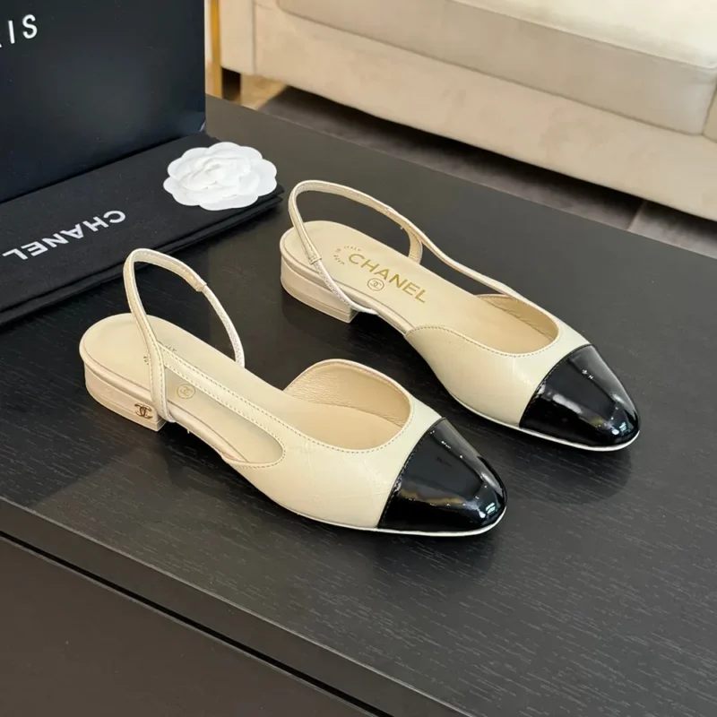 Chanel Slingback da donna in pelle di capra grosgrain-bianco