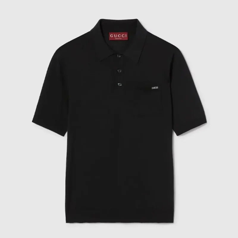 Gucci Men Fine Wool Knit Polo Top with Intarsia 824124XKEP1