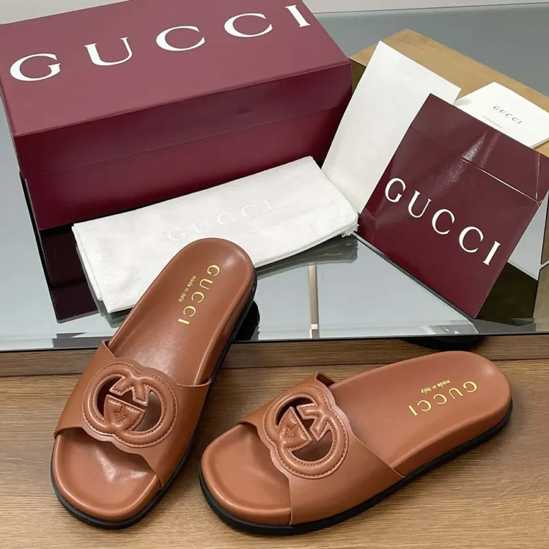 Gucci Women Interlocking G Slide Sandal-Brown 816334US000