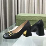 Gucci Women Mid-Heel Pump with Horsebit Black Leather 8cm Heel