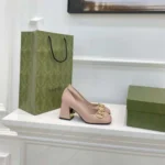 Gucci Women Mid-Heel Pump with Horsebit Pink Leather 8cm Heel