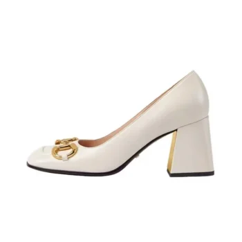Gucci Women Mid-Heel Pump with Horsebit White Leather 8cm Heel
