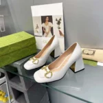 Gucci Women Mid-Heel Pump with Horsebit White Leather 8cm Heel