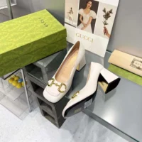 Gucci Women Mid-Heel Pump with Horsebit White Leather 8cm Heel (1)