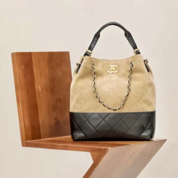Chanel Women Shopping Bag Suede Calfskin Shiny Lambskin Gold Tone Metal