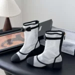 Bottes courtes Chanel pour femme en maille gros-grain - Blanc et noir G46703