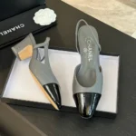Chanel Women Slingbacks Goatskin Grosgrain in 65mm Heel-GreyBlack