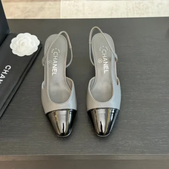 Chanel Women Slingbacks Goatskin Grosgrain in 65mm Heel-GreyBlack