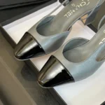 Chanel Women Slingbacks Goatskin Grosgrain in 65mm Heel-GreyBlack