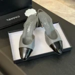 Chanel Women Slingbacks Goatskin Grosgrain in 65mm Heel-GreyBlack