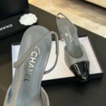 Chanel Women Slingbacks Goatskin Grosgrain in 65mm Heel-GreyBlack