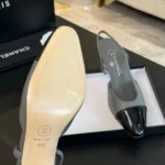 Chanel Women Slingbacks Goatskin Grosgrain in 65mm Heel-GreyBlack