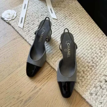 Chanel Women Slingbacks Goatskin Grosgrain in 90mm Heel-GrayBlack