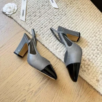 Chanel Women Slingbacks Goatskin Grosgrain in 90mm Heel-GrayBlack