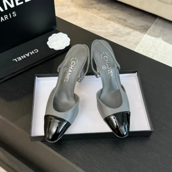 Chanel Women Slingbacks Goatskin Grosgrain in 90mm Heel-Grey/Black