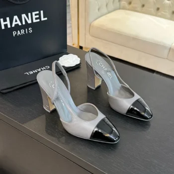 Chanel Women Slingbacks Goatskin Grosgrain in 90mm Heel-Grey/Black