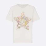 T-Shirt White Cotton and Linen Jersey with Multicolor Dior Star Motif