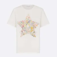 T-Shirt White Cotton and Linen Jersey with Multicolor Dior Star Motif