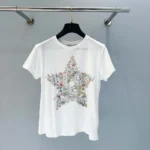 T-Shirt White Cotton and Linen Jersey with Multicolor Dior Star Motif