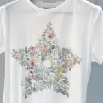 T-Shirt White Cotton and Linen Jersey with Multicolor Dior Star Motif