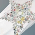 Dior Men T-Shirt White Cotton and Linen Jersey with Multicolor Dior Star Motif