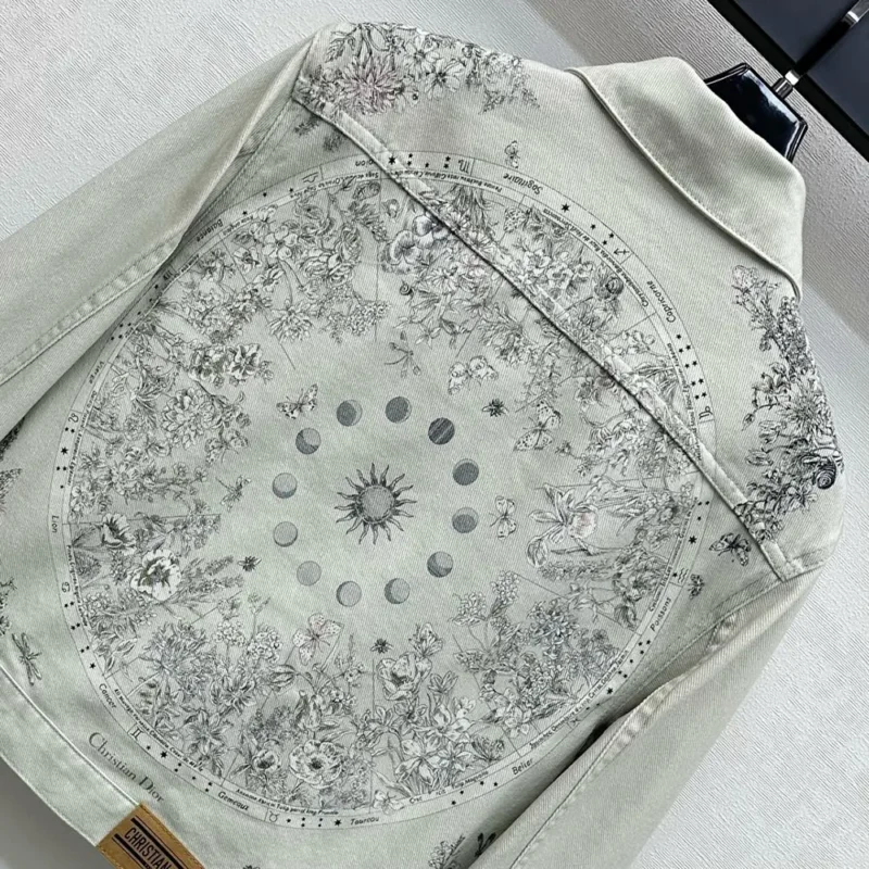 Dior Women Jacket Cotton Denim with Sage Green Dior Astral Flowers Motif