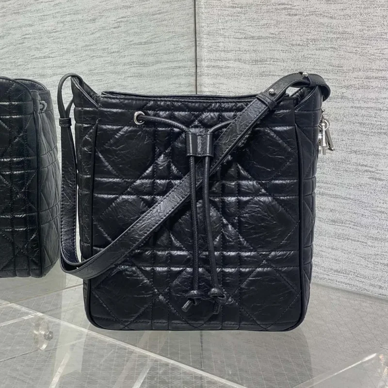 Dior Women Medium D-Motion Bag Black Macrocannage Crinkled Calfskin