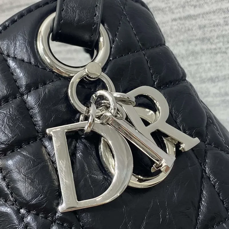 Dior Women Medium D-Motion Bag Black Macrocannage Crinkled Calfskin