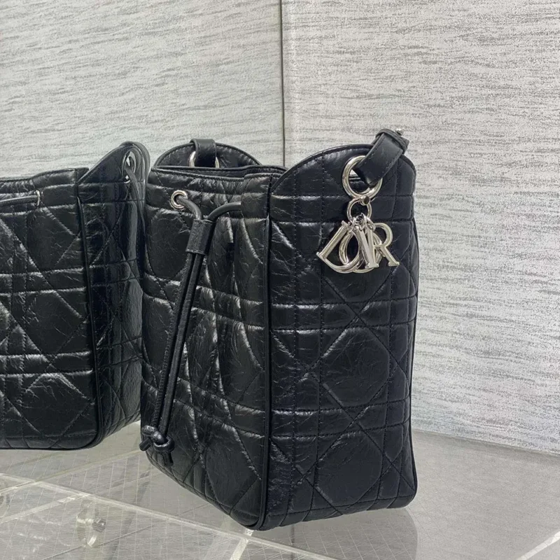 Dior Women Medium D-Motion Bag Black Macrocannage Crinkled Calfskin