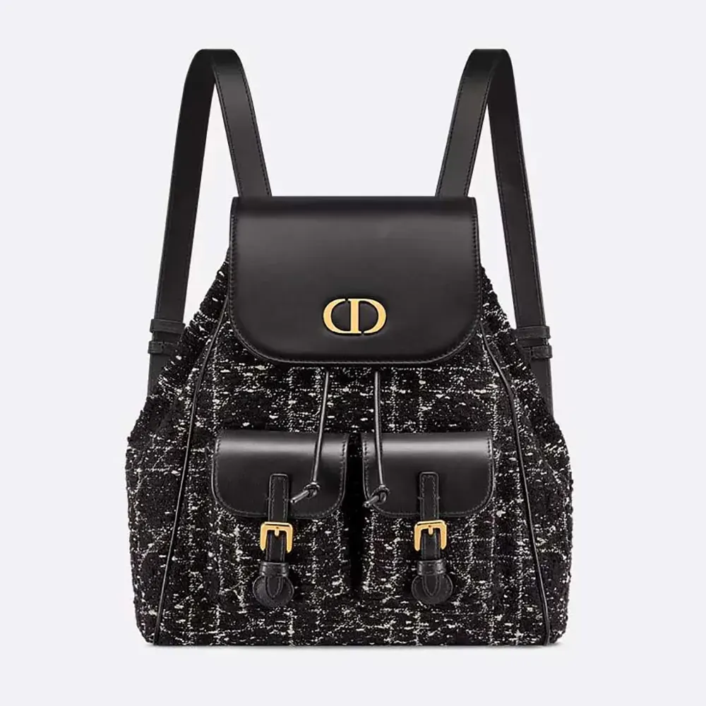 Dior Women Medium Dior Caro Backpack Black Tweed with White Cannage Motif (1) Dior Women Medium Dior Caro Backpack Black Tweed with White Cannage Motif