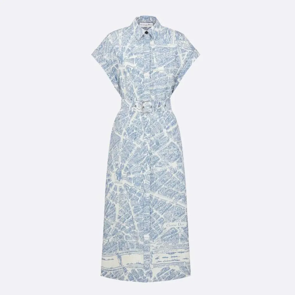 Dior Women Mid-Length Belted Shirtdress White and Chambray Blue Cotton and Silk Poplin (1) Dior Dam Mellanlång Skjortklänning med Bälte Vit och Chambrayblå Bomulls- och Sidenpoplin